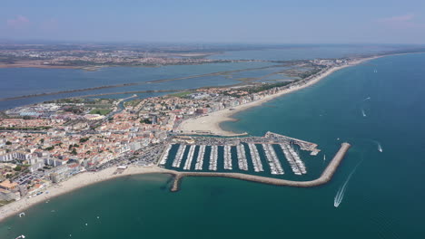 Coastline-aerial-view-of-Palavas-les-Flots-seaside-resort-beach-mediterranean